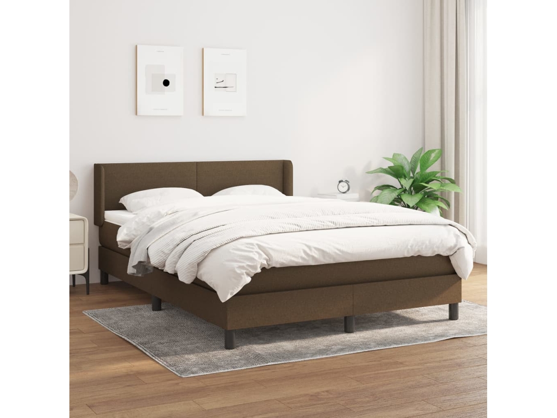 Cama Box Spring Con Colchón Tela Marrón Oscuro 140x200 Cm