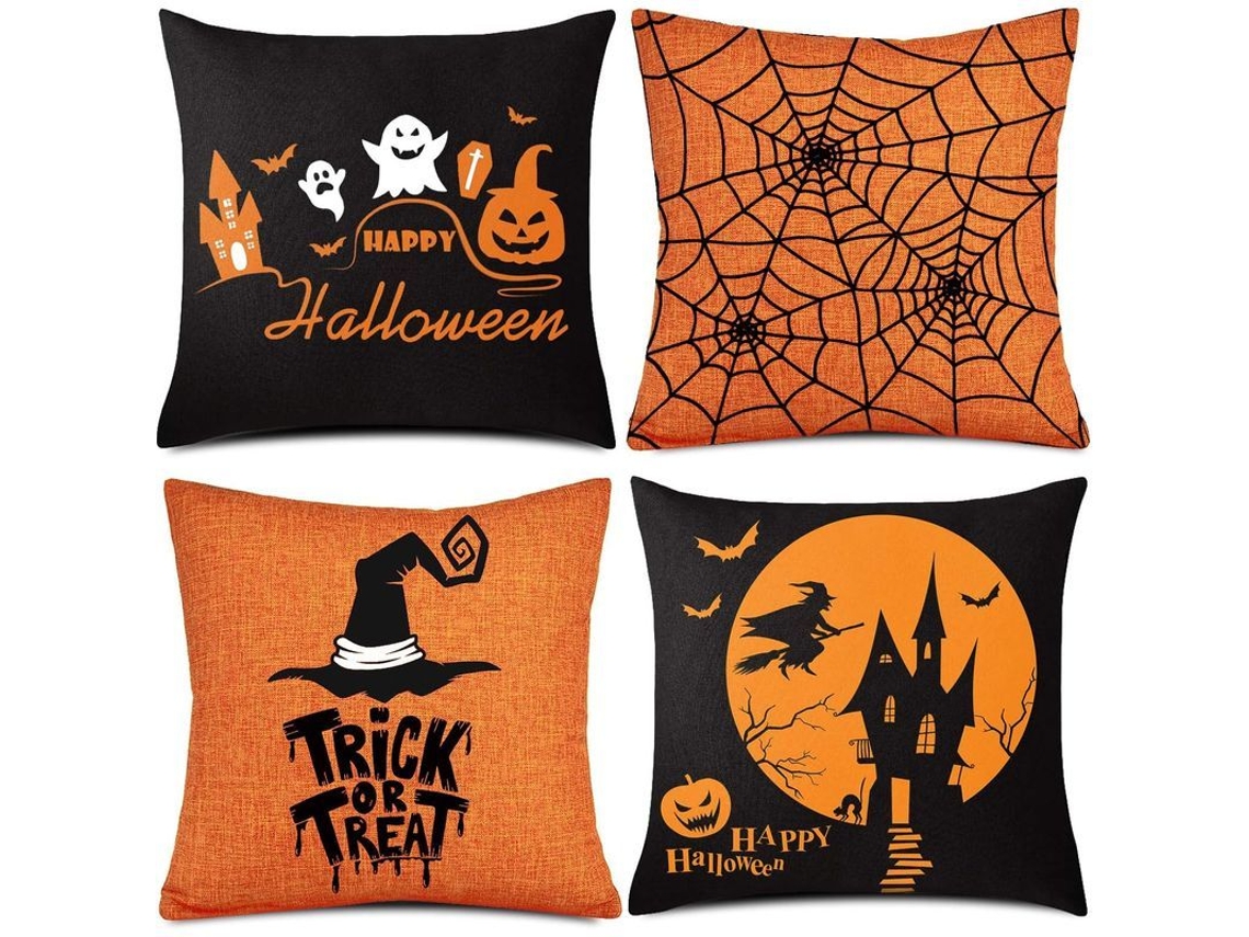 2026-30504-fundas De Almohada De Halloween De Lino 4 Piezas 45x45 Cm Naranja Y Negro Con Diseños Únicos