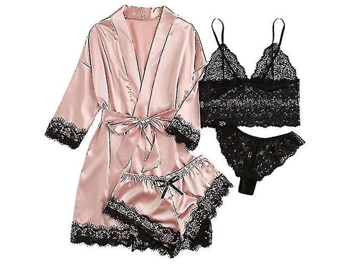2026-conjunto De Pijama De Seda 4 Piezas Con Encaje Floral Y Batina Para Mujer