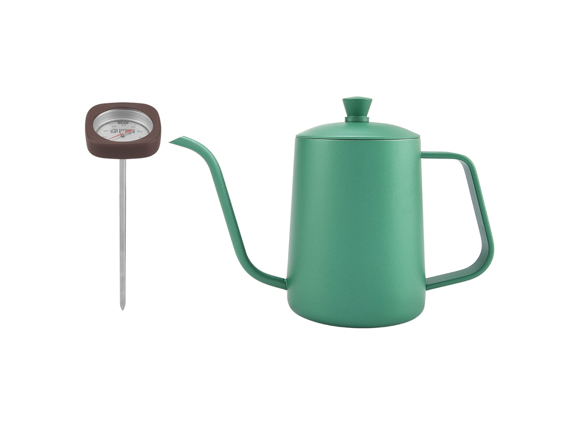 Jarra de café de acero inoxidable de 600 ml con boquilla de cuello de cisne y termómetro. Colores: negro, rosa y verde.