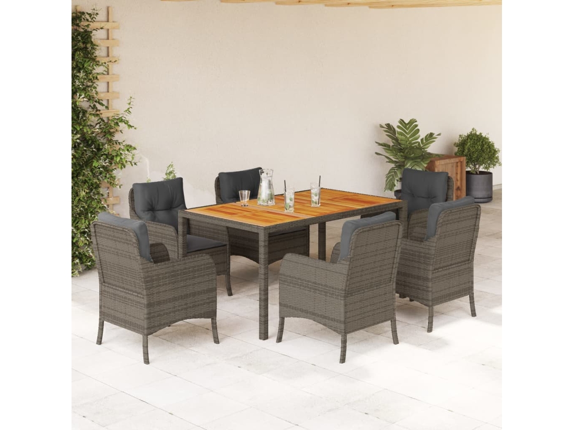 Juego de comedor de jardín de 7 piezas con cojines, mimbre gris, DKD Home Decor