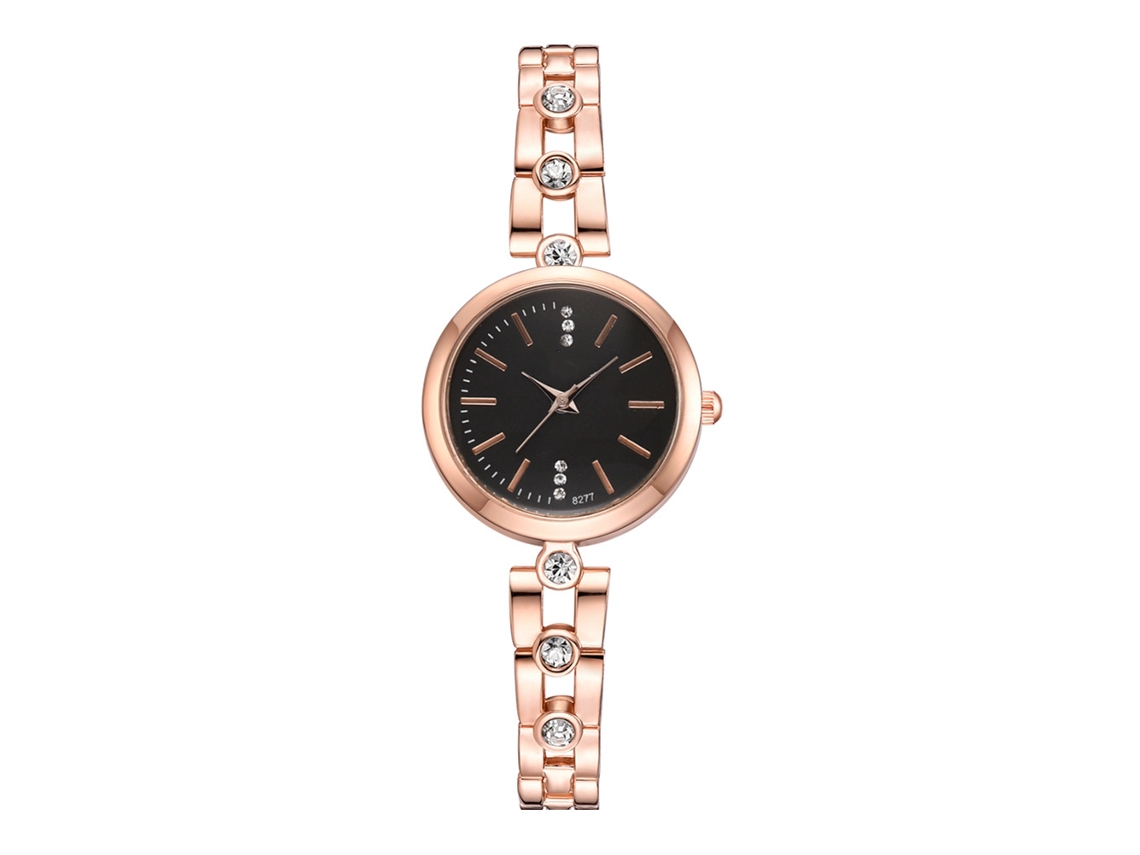 Reloj De Pulsera De Moda Para Mujer Con Movimiento De Cuarzo Y Piedras De Circonita, Aleación De Oro Rosa + Esfera Negra