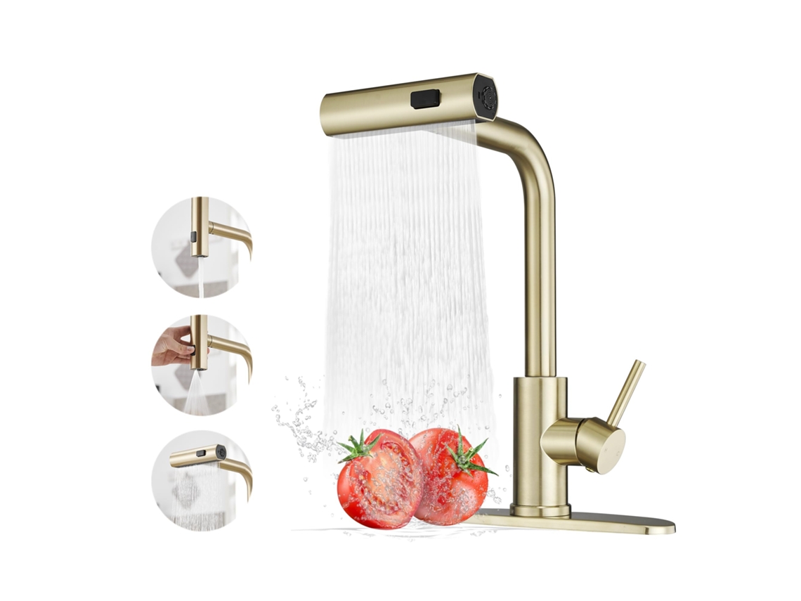 Grifo De Cocina Dorado Con Rociador Extraíble Y Efecto Cascada
