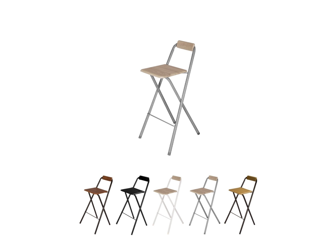 Taburete Plegable Alto De Metal Extra Grueso Con Reposapies Para Cocinas Y Bar | Silla Con Respaldo Resistente Plata / Haya Pack 2 Uds