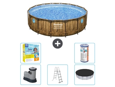 Piscina BESTWAY Round Power Steel Swim Vista - Impresión en madera - 488 x 122 - Incluye bomba - Escalera - Cubierta Accesorios CB33