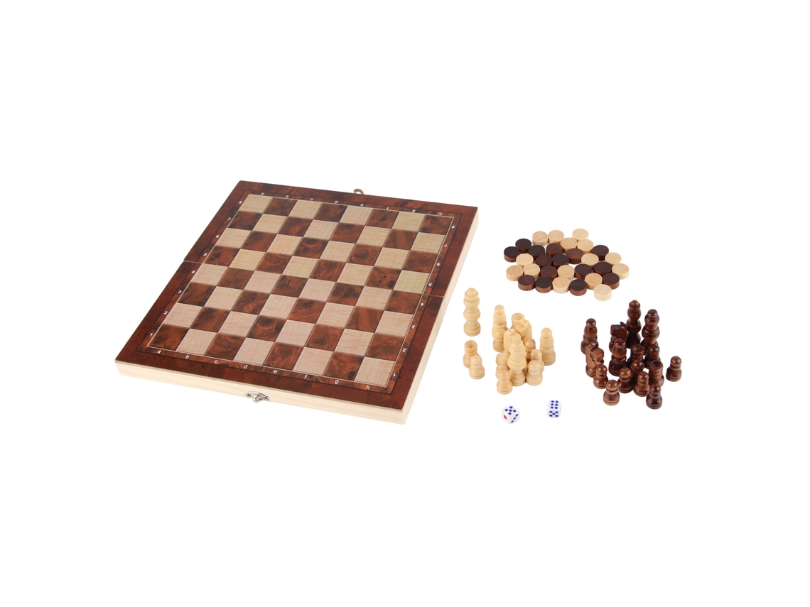 Juego de ajedrez 3 en 1 con mesa de madera de 24x24 cm para el desarrollo intelectual de familiares y amigos.