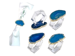 Anillos Para Mantel De Ágata Azul, Juego De 4 Con Aro Transparente Y Borde Dorado.