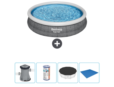 Piscina hinchable redonda Fast Set BESTWAY - Estampado ratán - 366 x 76 cm - Bomba incluida Filtrar - Cubrir - Suelo