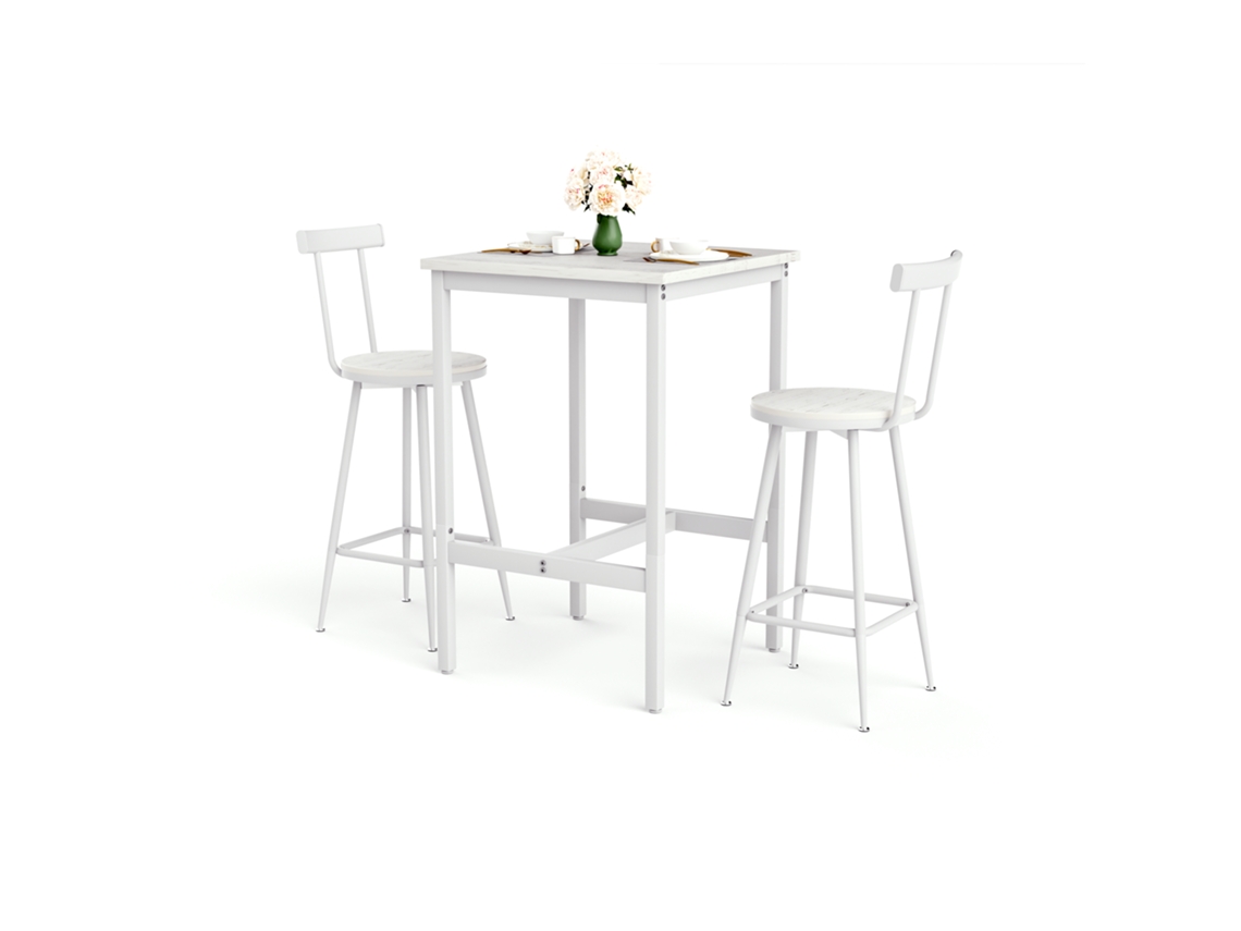 Conjunto de mesa de bar con 2 taburetes metálicos de estilo industrial, 60x60cm, blanco.