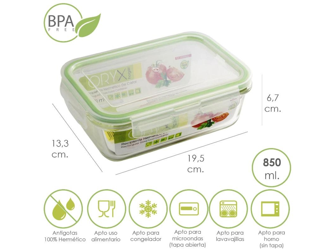 Recipiente Hermetico Cristal Rectangular 850 ml. 19.5 x 13.3 x 6.7 (alt) cm ORYX