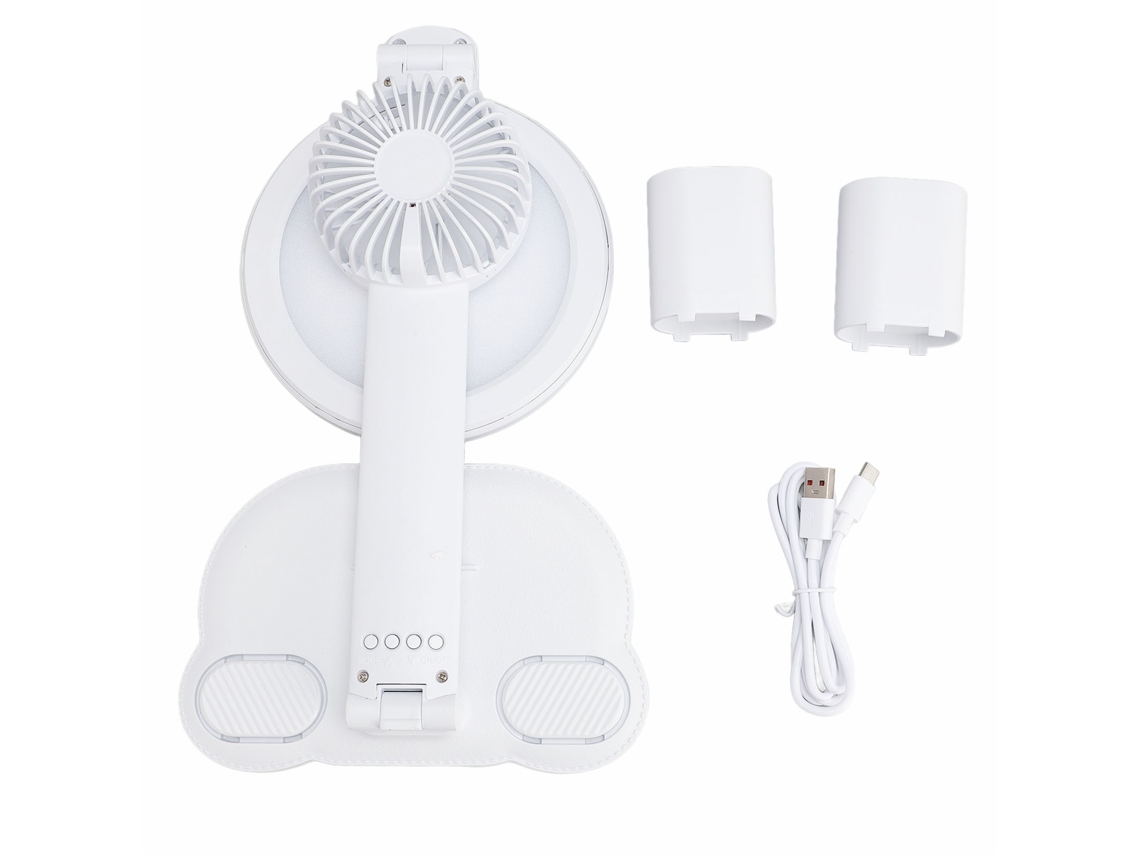 Lámpara de escritorio LED con ventilador, portalápices, ajuste continuo y pantalla USB.