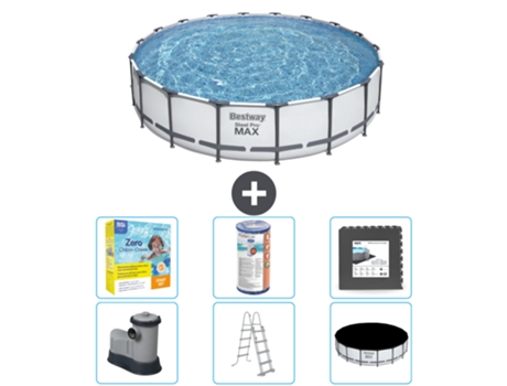 Piscina BESTWAY Round Steel Pro MAX - 549 x 122 cm - Gris - Bomba incluida - Escalera - Cobertor Paquete de mantenimiento - Filtrar - Baldosas