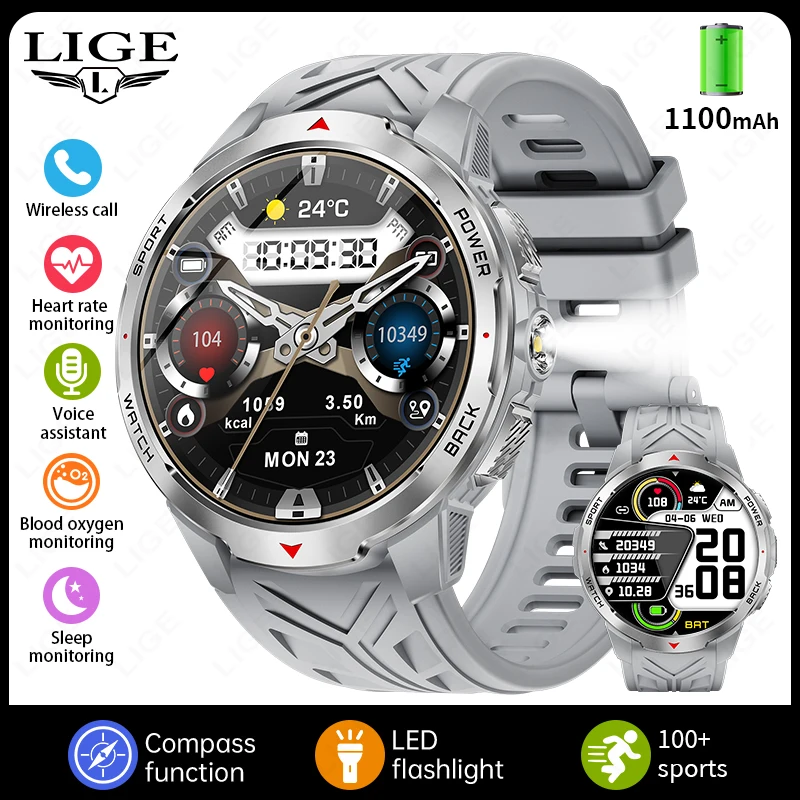 Reloj inteligente (plateado) con pantalla de 1,7 pulgadas, llamadas Bluetooth, asistente de voz, resistencia al agua de 3 ATM y batería de 1100 mAh.