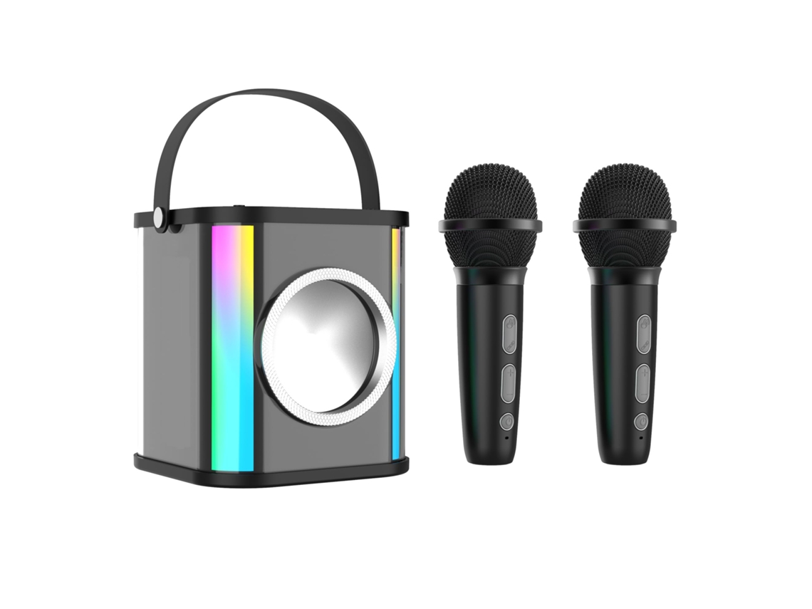Máquina de karaoke portátil, mini altavoz Bluetooth con 2 micrófonos y luces de colores. Apta para adultos y niños.