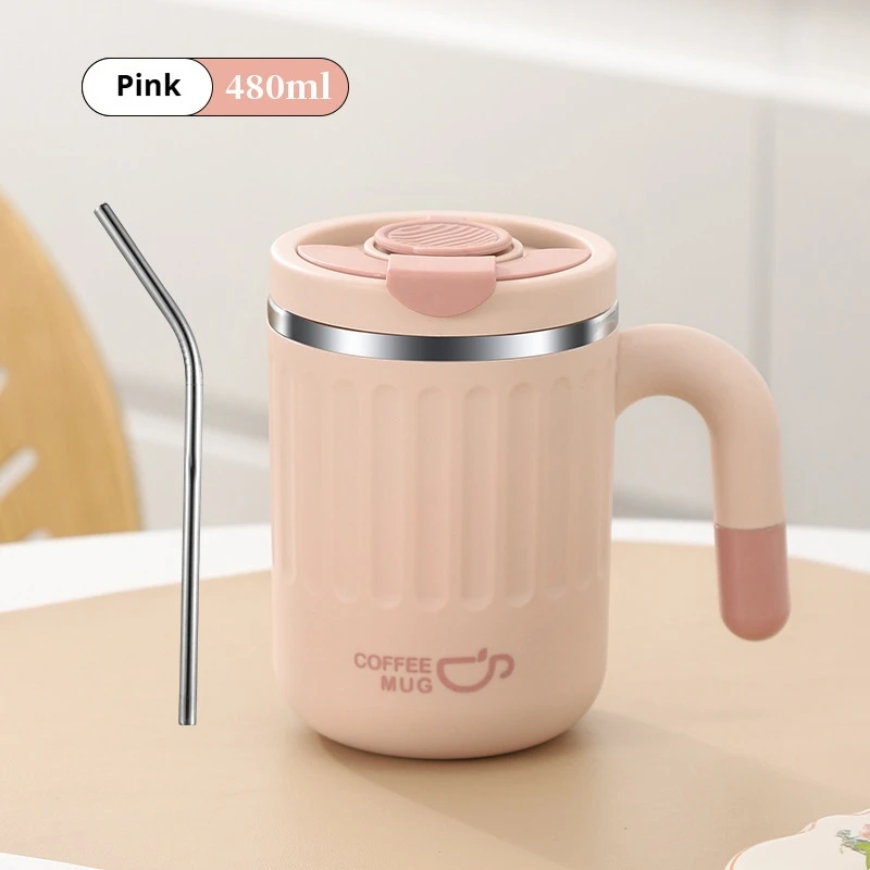 (rosa 480ml) Copo Térmico À Prova De Vazamentos De 480ml Com Alça, Copo De Café Em Aço Inoxidável 304 Com Canudo.