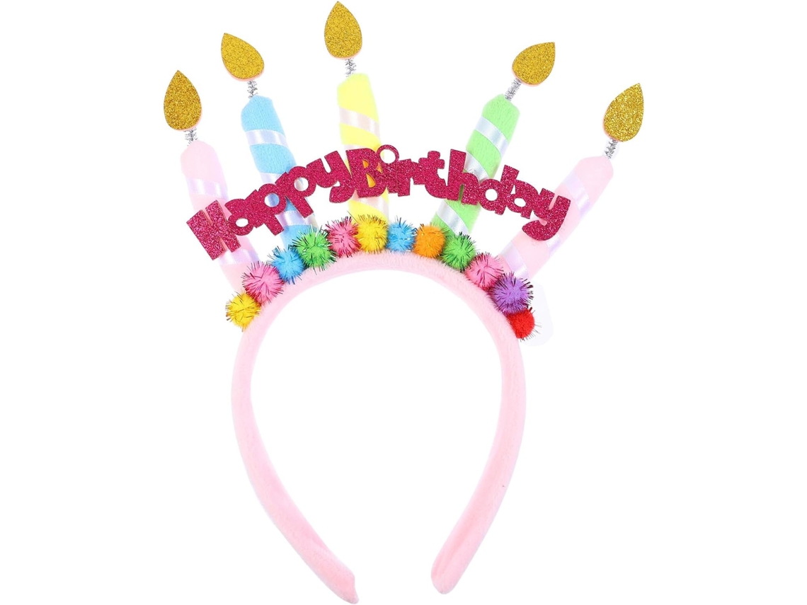 Tiara de cumpleaños con diseño de vela y pastel, confeccionada en tela ligera.