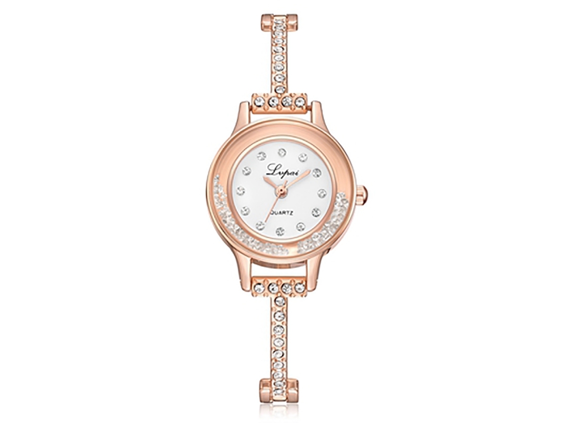 Elegante Reloj De Pulsera Para Mujer Con Cuarzo Y Piedras En La Circunferencia, Oro Rosa + Blanco.