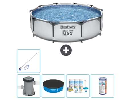 Piscina BESTWAY Round Steel Pro MAX - 305 x 76 cm - Gris - Bomba incluida Cubrir - Paquete de mantenimiento - Filtrar - kit de limpieza
