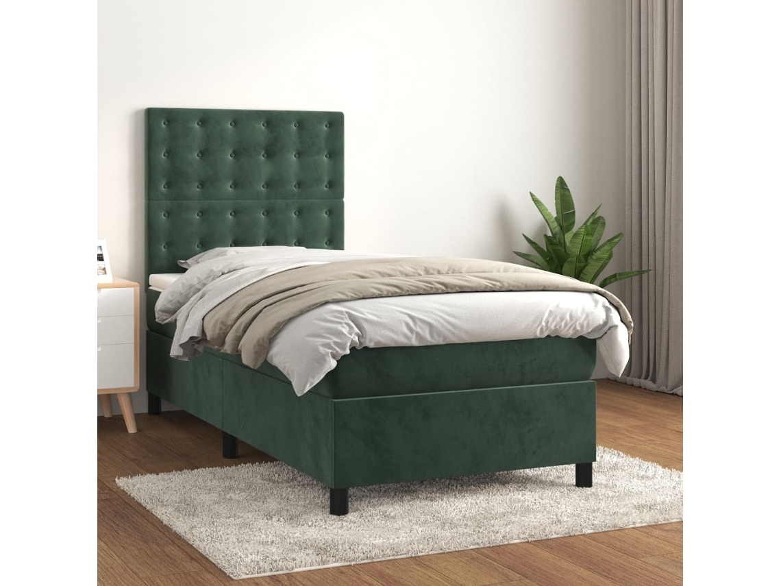 Cama Box Spring Con Colchón Terciopelo Verde Oscuro 100x200 Cm