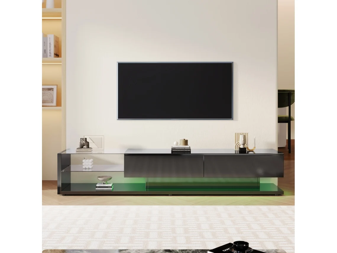 Mueble Tv 170cm Con Led Y Mampara De Cristal - 2 Cajones - Negro