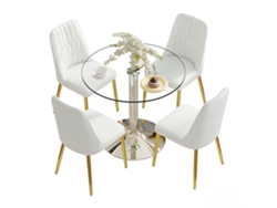 Conjunto Mesa Comedor 85 Cm - Cristal Y 4 Sillas Pu Modernas - Blanco, Dorado Y Plata