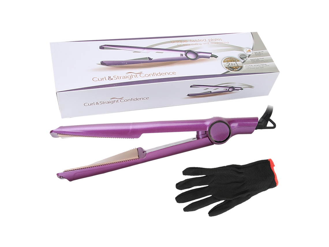 Plancha Y Rizador De Pelo 2 En 1 Con 4 Niveles De Temperatura Cepillo Herramienta De Peinado Morado 110-240v Plug Uk