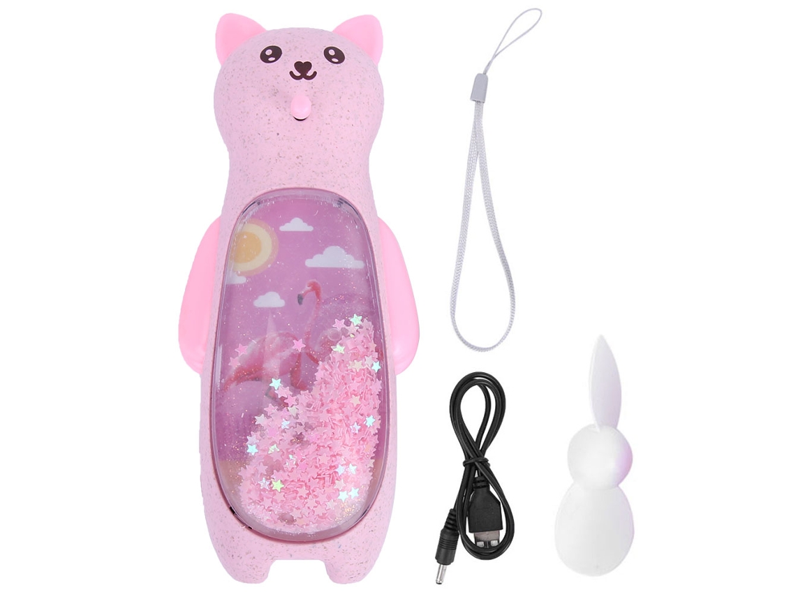 Ventilador portátil rosa recargable por USB con luz nocturna.