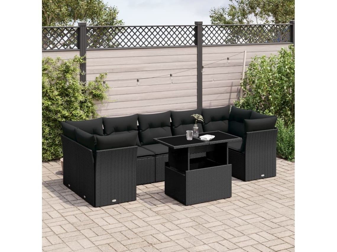 Conjunto de 8 sofás de jardín con cojines de mimbre sintético negro, Dkd Home Decor