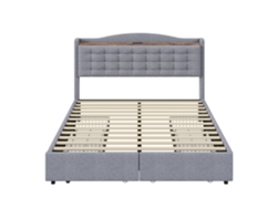Cama de lino para adultos de 140 x 200 cm - Con puerto USB y 4 cajones - Estructura de láminas - Gris claro