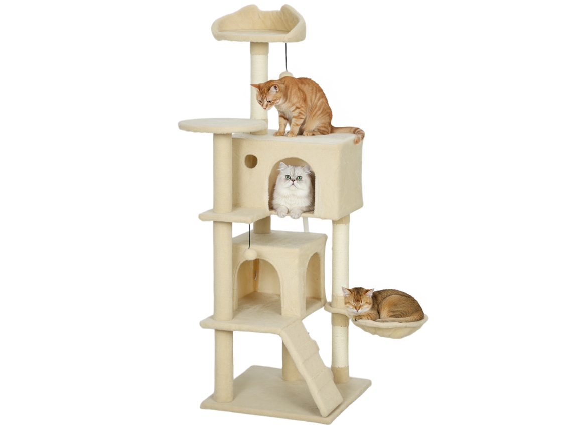 Rascador Para Gatos De 140 Cm Con 2 Guaridas, Hamaca Y Escalera, Color Beige.