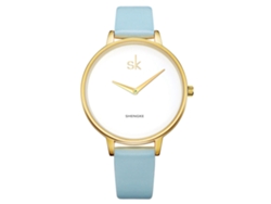 Reloj De Pulsera De Cuarzo Para Mujer Shengke Con Correa De Pu, Esfera Redonda, Dorado + Azul Claro.