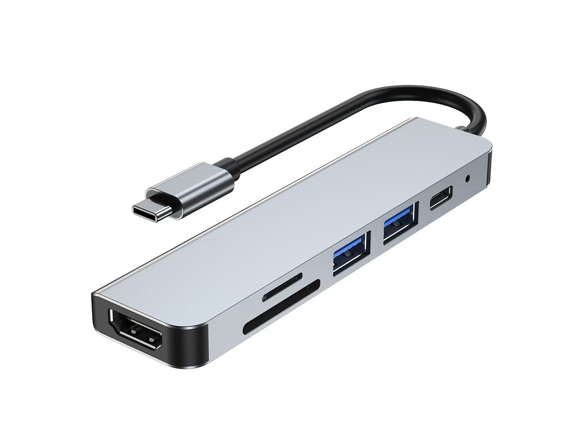 Concentrador USB-C 6 en 1, compatible con transferencia de datos de alta velocidad, adaptador multipuerto Elisefashion