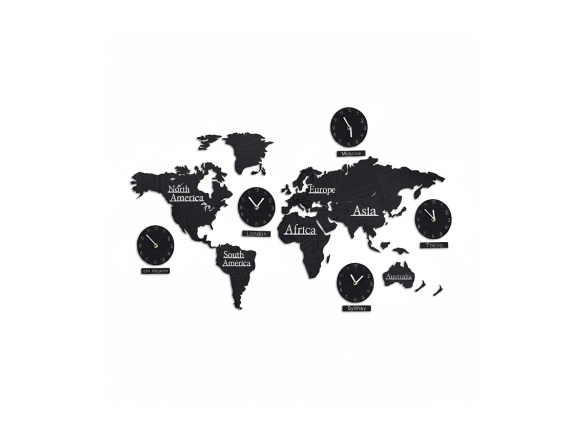 Relaxdays Mapa Mundo Madera Con 5 Relojes, 10 Nombres De Ciudades, Mapamundi 3d, Con Plantilla, 61x113 Cm, Negro
