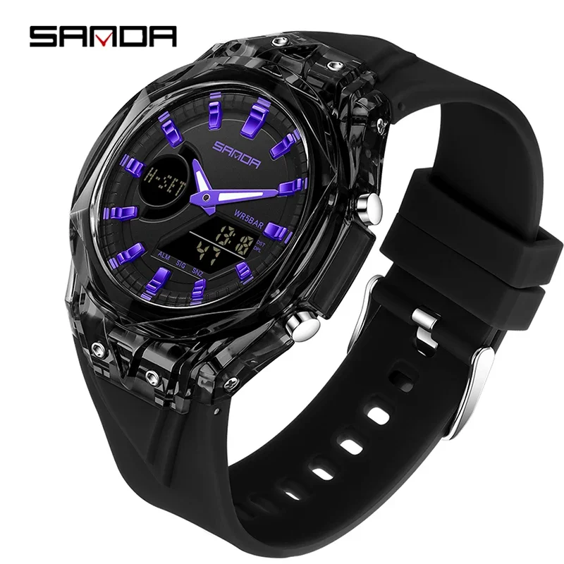 Reloj Electrónico De Cuarzo Para Hombre (negro, Manecillas Moradas) Con Doble Pantalla, Alarma Luminosa, Diseño Deportivo Y Resistente Al Agua.