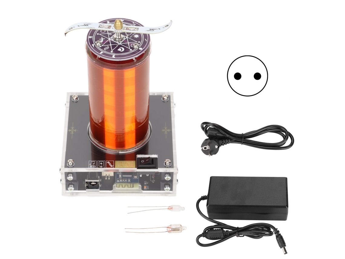 Generador de arco de plasma con altavoz musical Bluetooth y bobina Tesla para experimentos educativos con luz dorada.