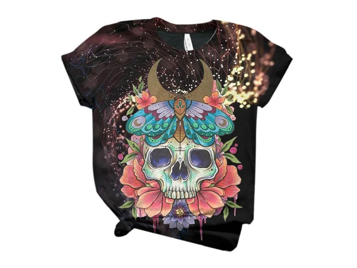 2026altiro - Camiseta de manga corta con estampado de calavera en 3D, diseño de esqueleto y elementos kármicos.