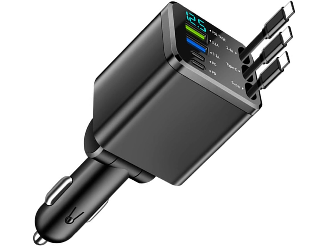Pantalla Digital, Carga Automática, 3 Puertos, Cable Retráctil De 70 Cm, Rotación Rápida De 180°, Chip De Seguridad.