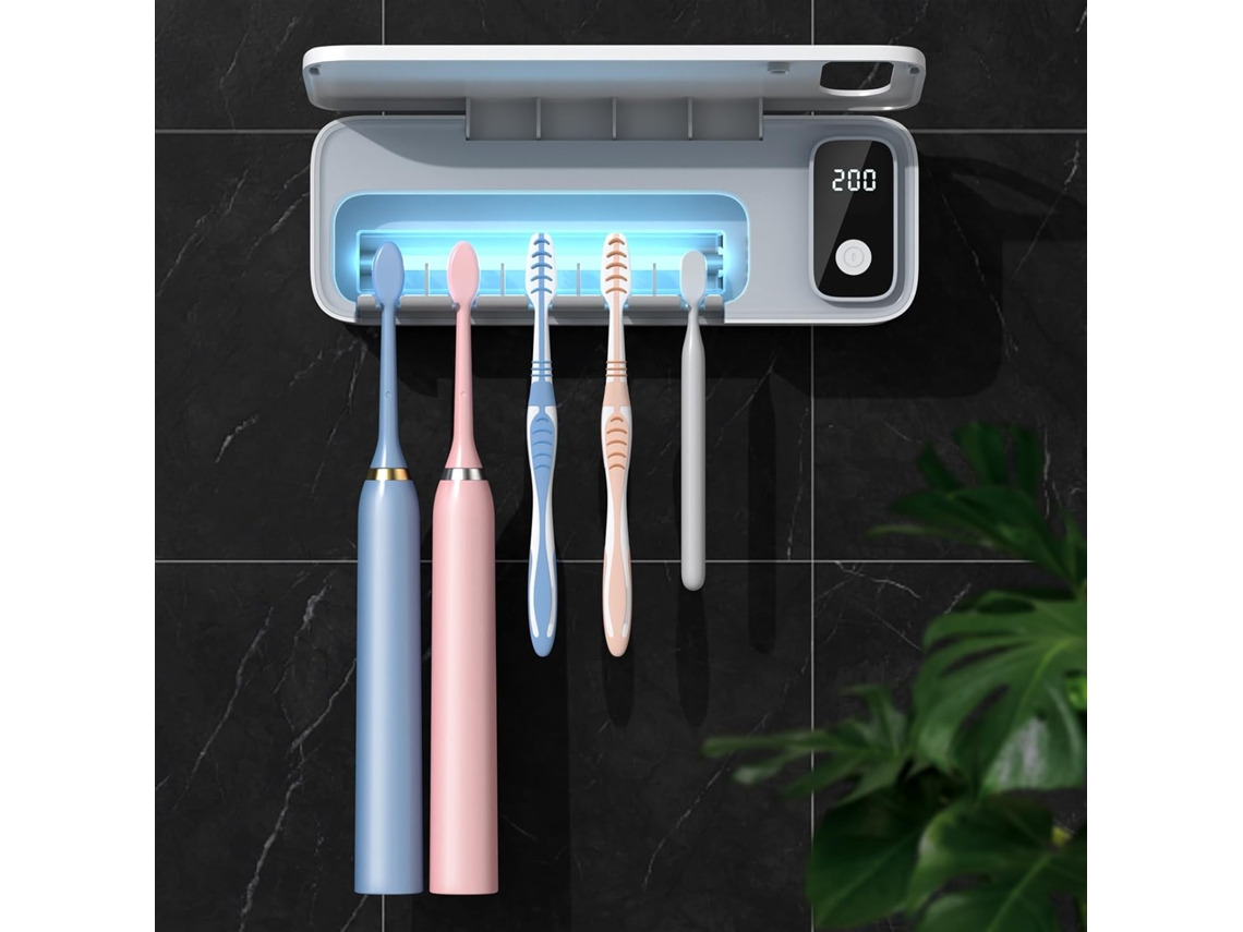 Limpiador de cepillos de dientes de pared, 5 compartimentos, temporizador, inalámbrico, sin taladro Aeuzwr