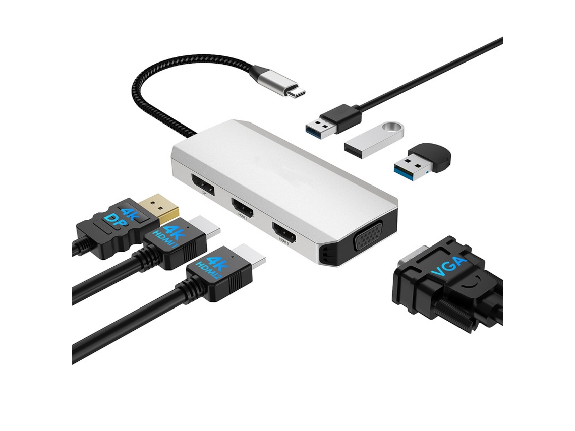 Estación de acoplamiento Yizhood USB C para 4 monitores, 7 en 1, doble 4K HDMI, 4K DP VGA para Dell, HP, Lenovo y Thinkpad, color gris