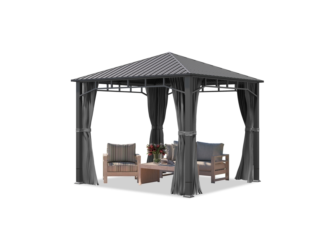 Pérgola de jardín de 3x3 m, techo de acero macizo, 4 cortinas gris oscuro, perfil de aprox. 9x9 cm.