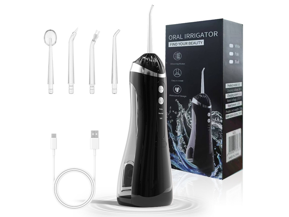 Irrigador Oral Negro Portátil Con 3 Niveles Presión, Cuatro Boquillas Exclusivas, Batería 30 Días Limpieza Dental Profunda
