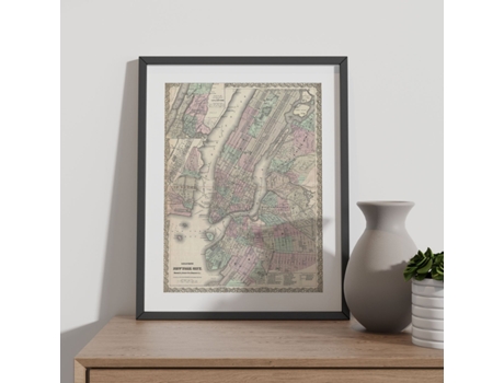 NACNIC Pósters Geográficos En Estilo Vintage Mapa De Nueva York De 1865 Ilustraciones De Antiguos Mapamundis En Tonos Sepia Tamaño A3 Con Marco Bla...