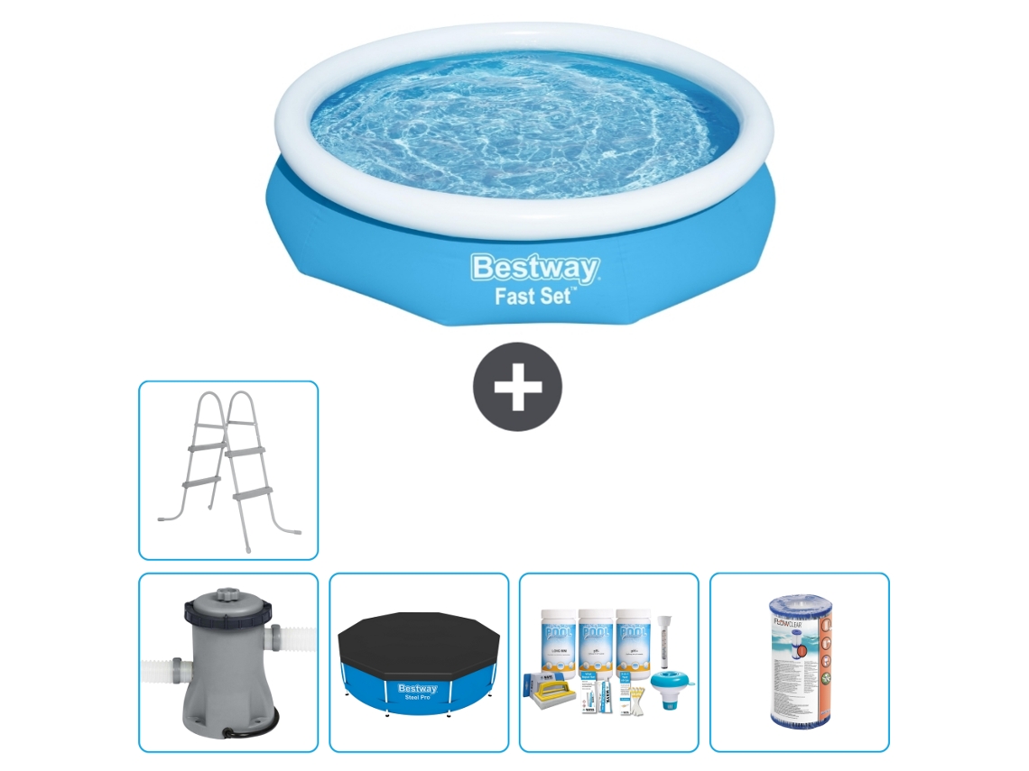 Piscina hinchable redonda Fast Set BESTWAY - 305 x 66 cm - Azul - Bomba incluida Cubrir - Paquete de mantenimiento - Filtrar - Escalera