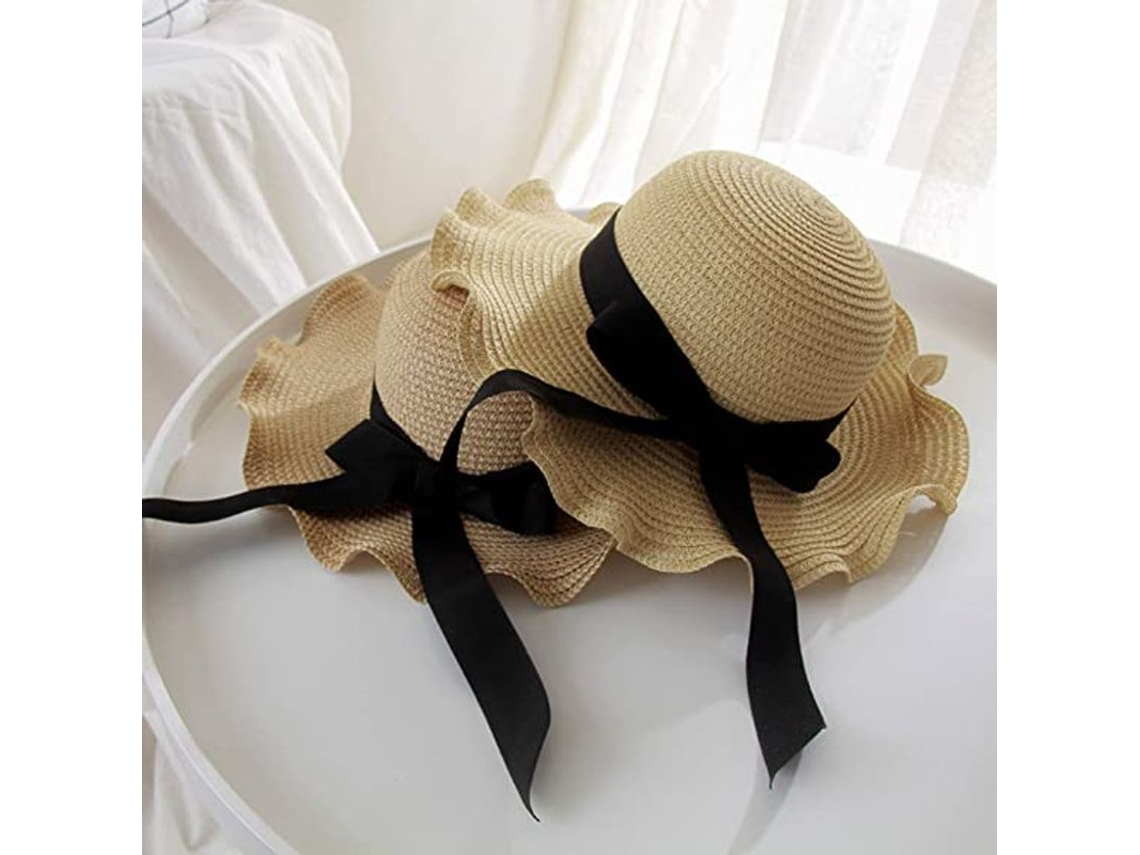 Sombrero De Paja Plegable Para Mujer, Ideal Para El Verano, Con Protección Uv, Color Beige, Ala Ondulada Y Elegante Lazo.