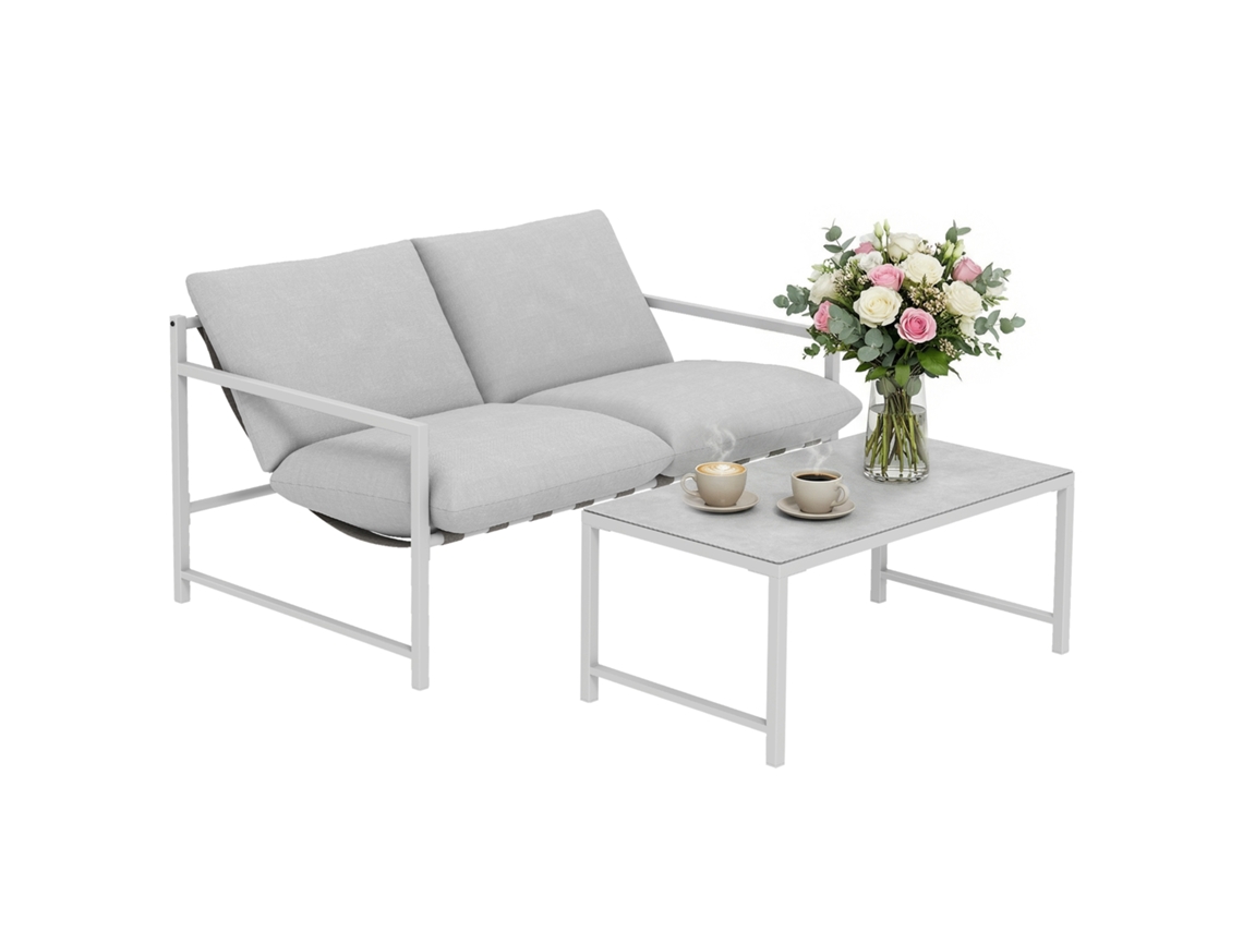 Conjunto De Muebles De Jardín De 2 Piezas, Sofá Con Cojines, Mesa De Centro De Cristal Templado Con Efecto Mármol 3d, 125x80x64cm, Gris Claro.