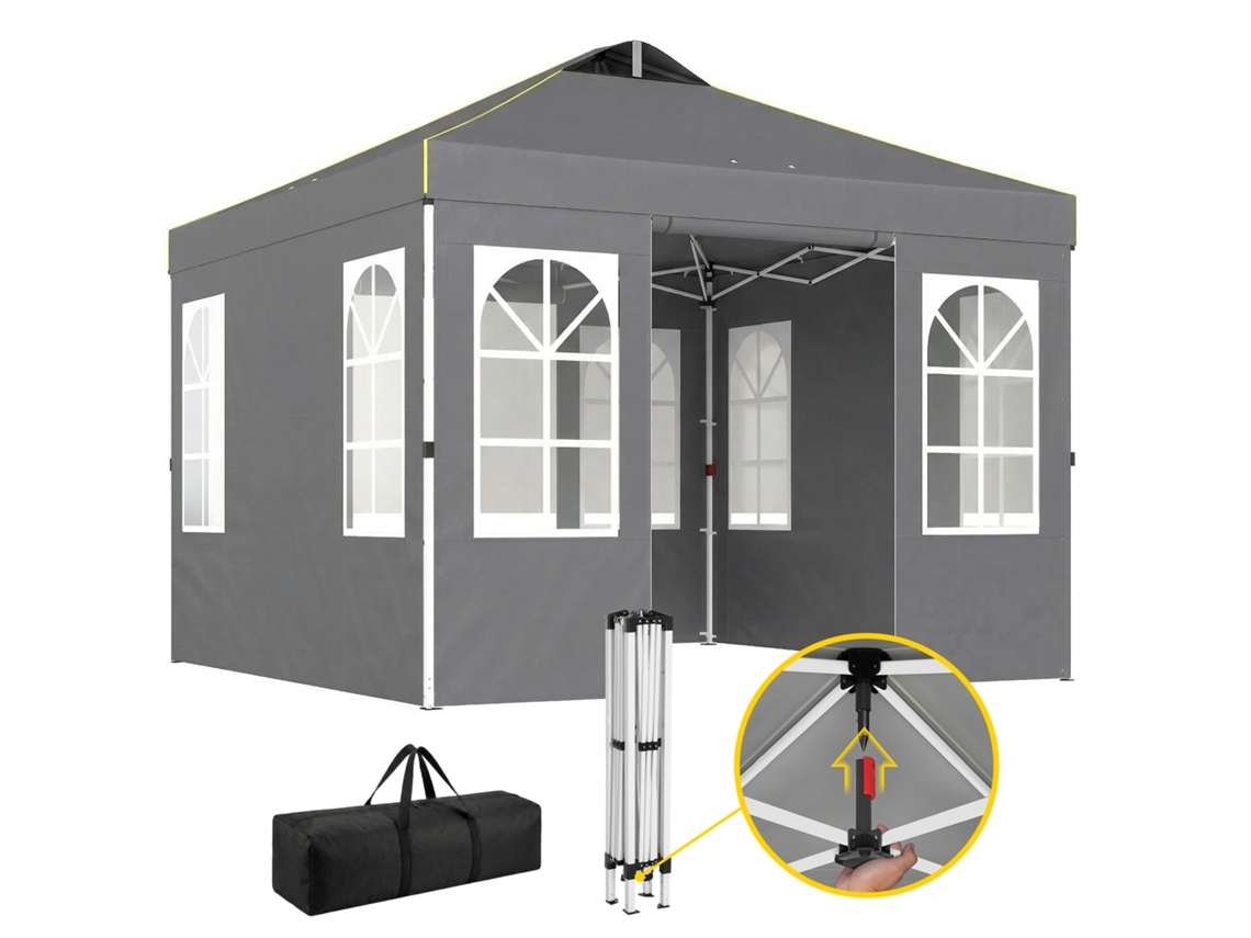 Tienda de campaña plegable emergente de 3x3 m con protección UPF50+, 4 laterales desmontables, altura ajustable y bolsa de transporte - Gris oscuro