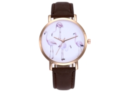 Reloj De Cuarzo Para Mujer Con Caja De Piel Sintética Y Estampado De Pájaros En Una Esfera Color Café.