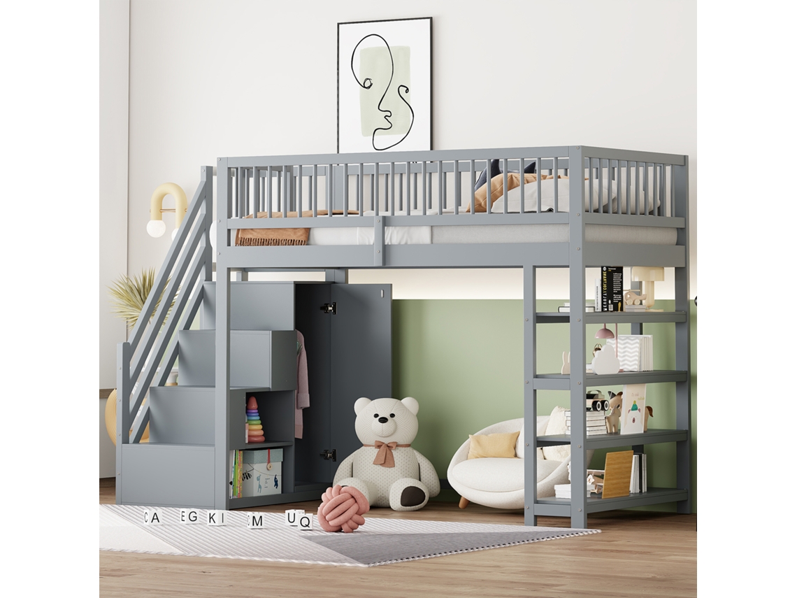 Cama Alta De Madera Maciza 90×200 Cm Con Barandilla Alta, Armario, Estantes Y Espacio De Almacenamiento Con Escalera Segura, Gris
