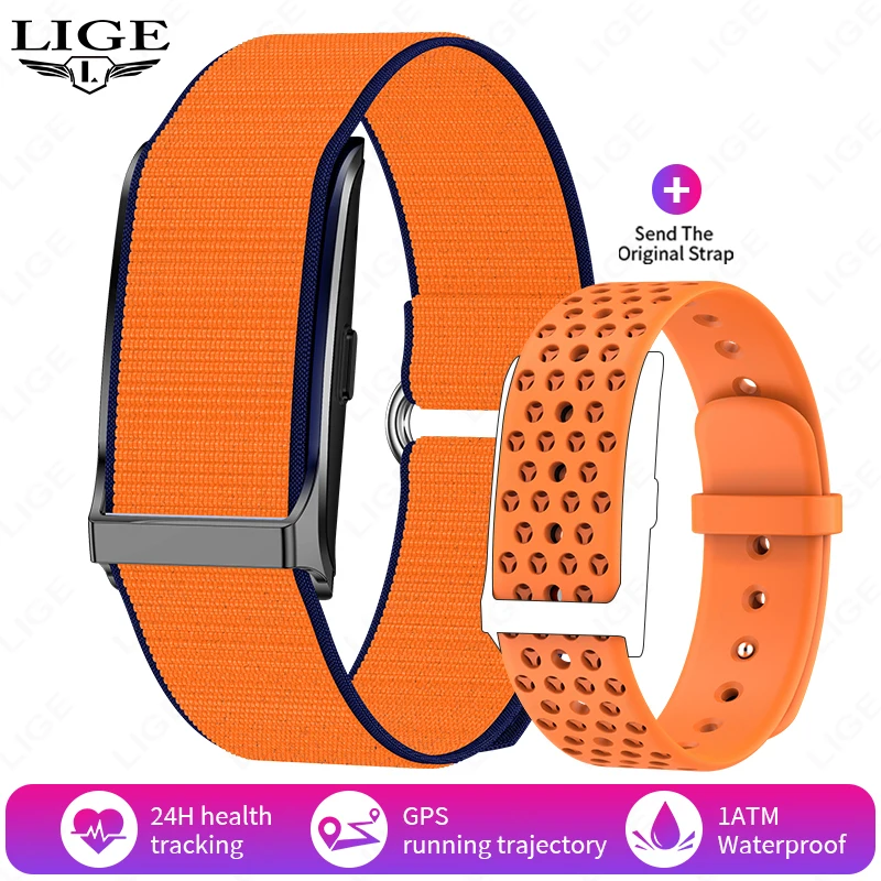 Reloj inteligente (naranja) sin pantalla para deportes y fitness, monitorización de frecuencia cardíaca, resistente al agua, compatible con Android e iOS.