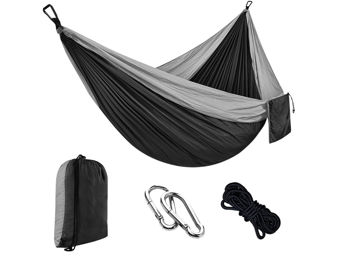 Hamaca Individual Chrui Con Cuerda De 2 M Y Mosquetón, 270 X 140 Cm (gris Y Negra)